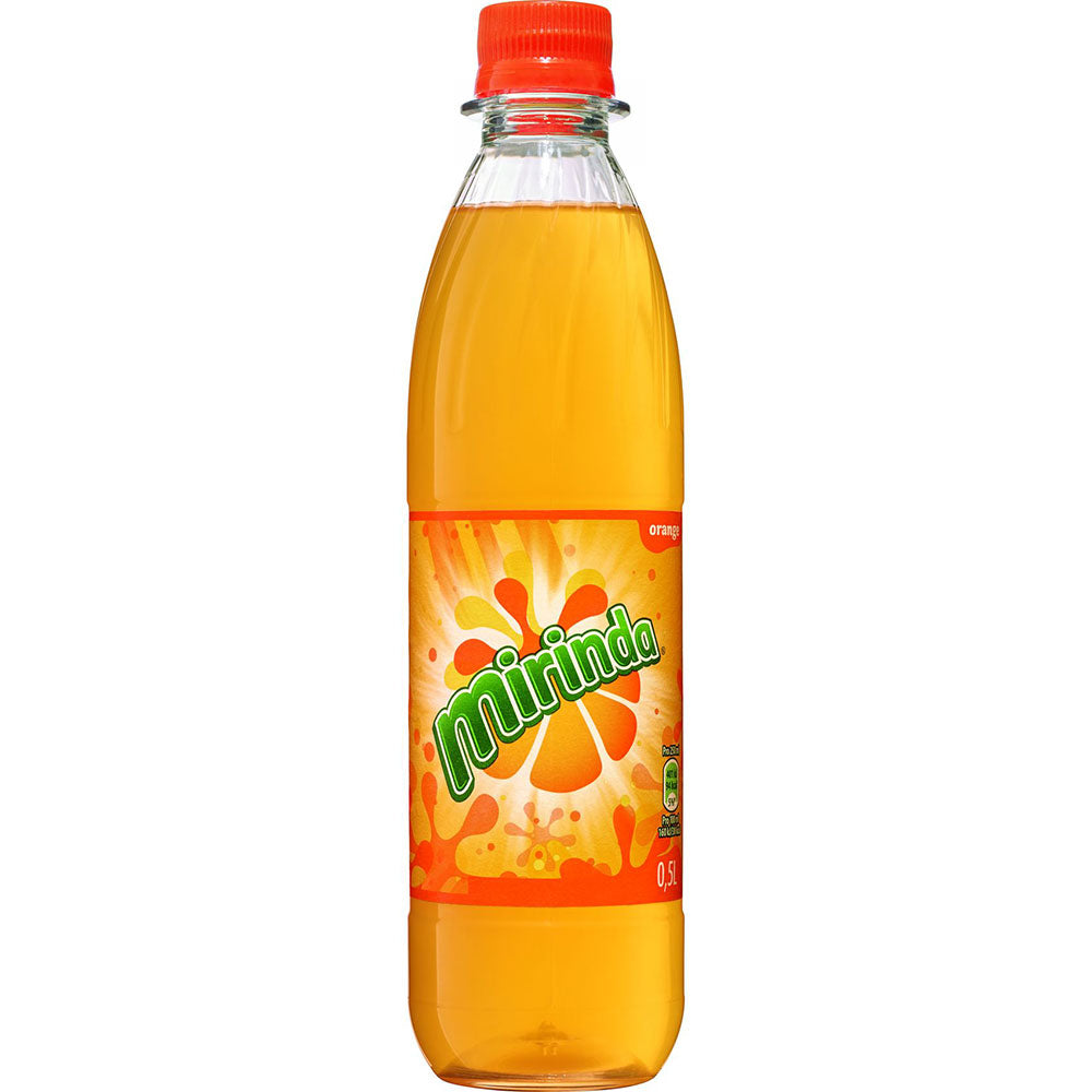Mirinda PET 24x0,5L (MEHRWEG): Fruchtige Orangenlimonade in der 0,5-L-Kunststoffflasche mit orangefarbenem Verschluss und leuchtend orangefarbenem Etikett. Genießen Sie den klassischen Geschmack von Mirinda - das Original seit 1970.