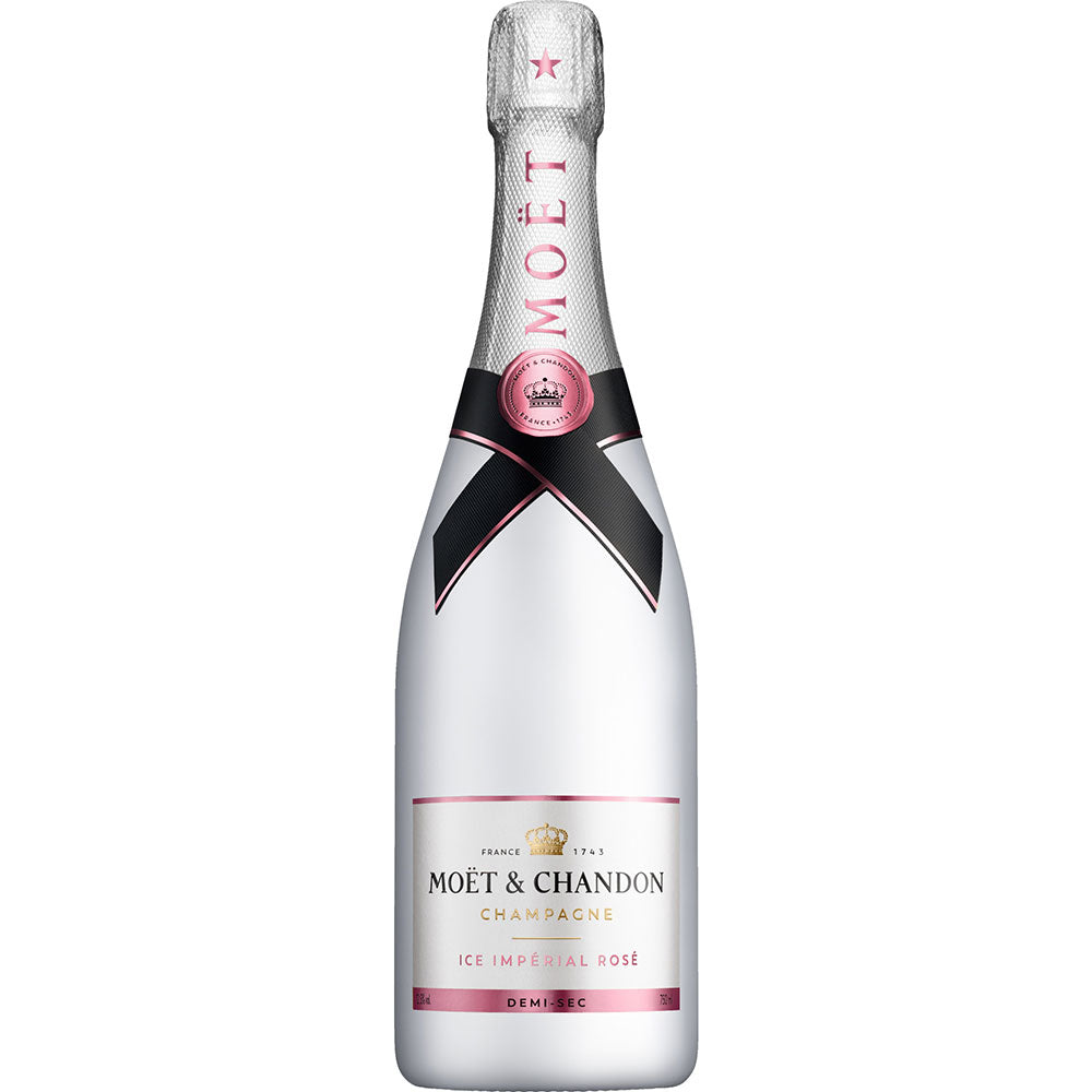 Eine 0,75-Liter-Flasche Moet & Chandon Champagner ICE Rosé Imperial mit weißem und rosafarbenem Etikett ist perfekt für den Genuss von Champagner auf Eis.