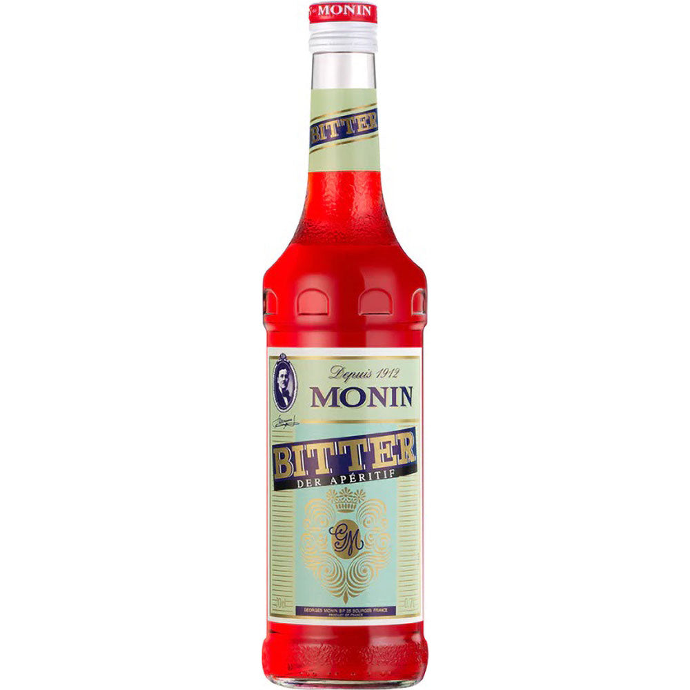 Eine 1-Liter-Flasche Monin Bitter Aperitif mit einer roten, alkoholfreien Flüssigkeit und einem hellgrünen Etikett.