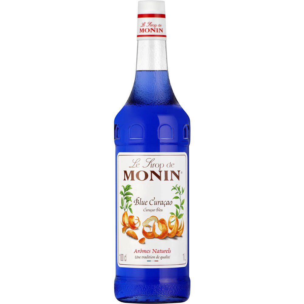 Die 1-Liter-Flasche Monin Blue Curaçao von Monin begeistert mit intensivem Orangenaroma und ist ideal als alkoholfreier Sirup für kreative Drinks.