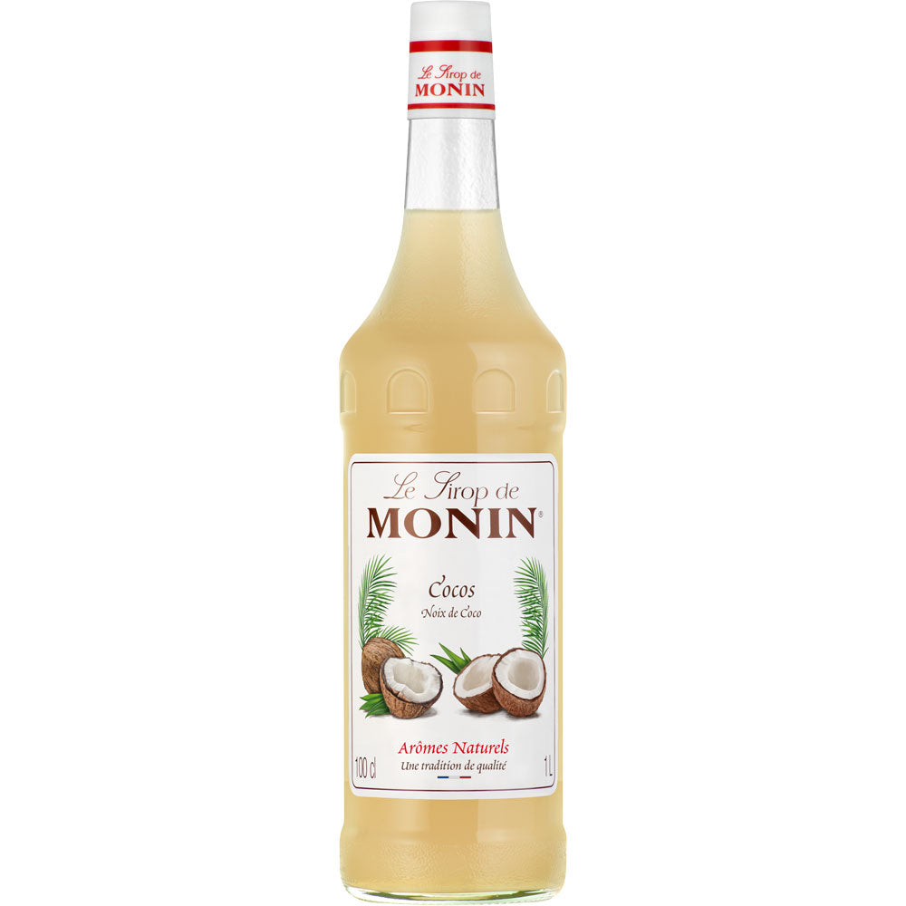 Monin Cocos Sirup 1 Liter von Monin zeigt Kokosnüsse und Palmblätter auf dem Etikett, ideal um exotischen Cocktails einen tropischen Touch zu verleihen.