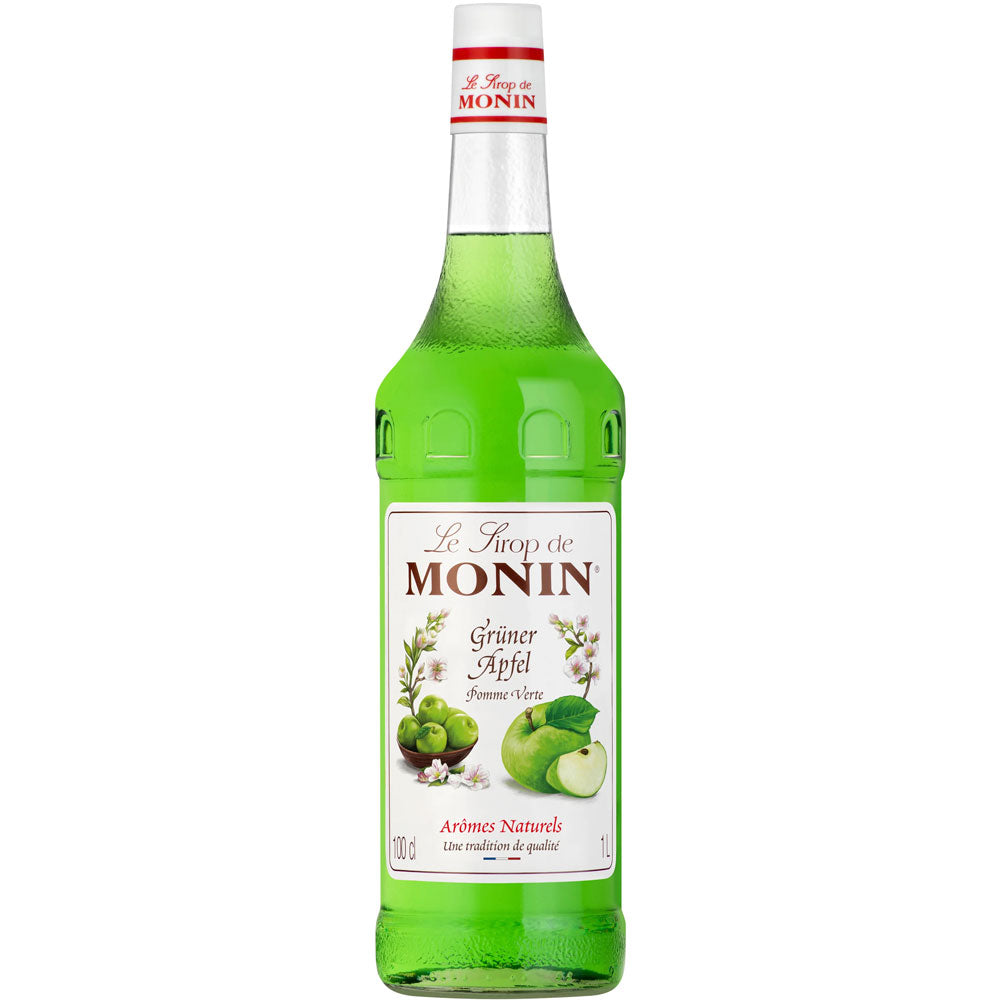 Monin Grüner Apfel Sirup 1 Liter - dieser leuchtend grüne Sirup mit grünen Äpfeln auf dem Etikett ist ideal als Cocktailsirup geeignet, um Ihren Getränken einen frischen, fruchtigen Geschmack zu verleihen.
