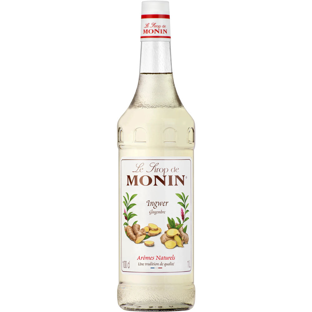 Auf dem Etikett des Monin Ingwer Sirup 1 Liter von Monin sind Ingwerwurzel und -blätter abgebildet, was ihn zu einem perfekten veganen Sirup für Cocktails und Drinks macht.