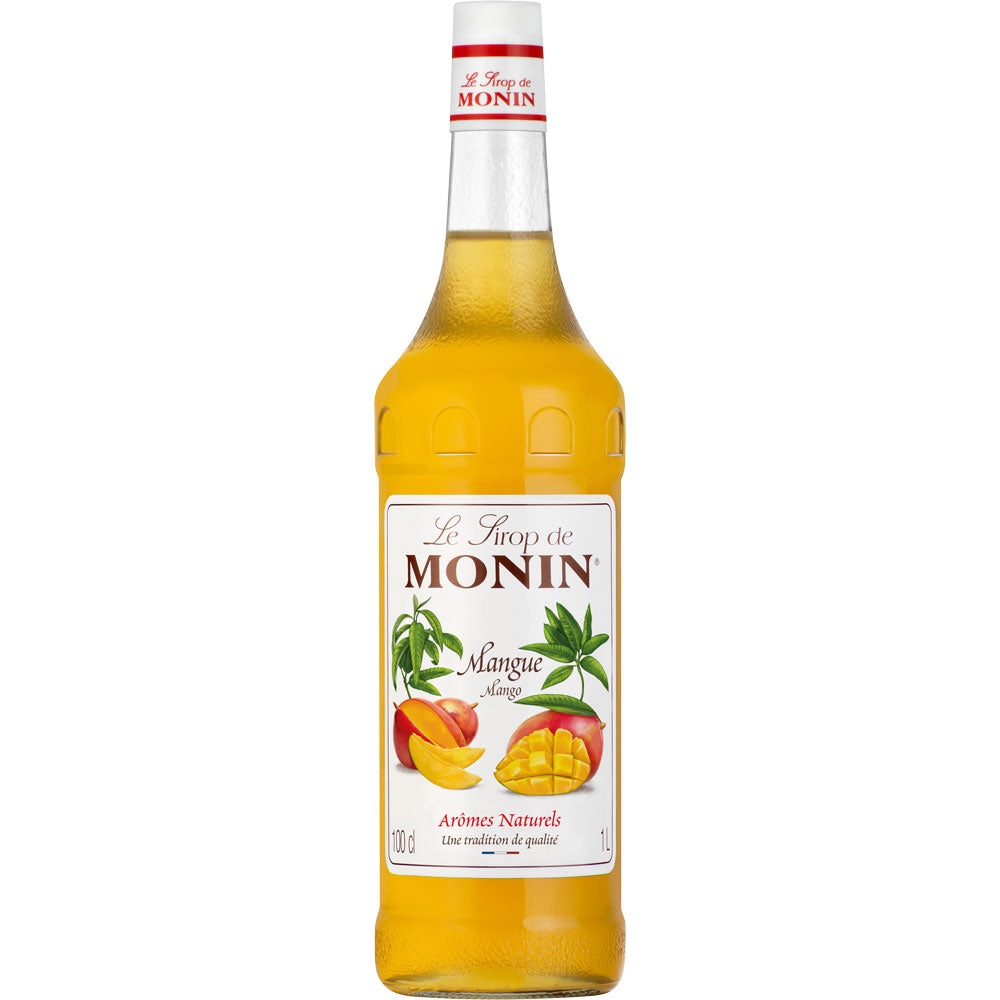 Monin Mango Sirup 1 Liter von Monin hat ein lebendiges Etikett mit Mango und grünen Blättern - ideal als Barsirup für Cocktails und erfrischende Getränke.