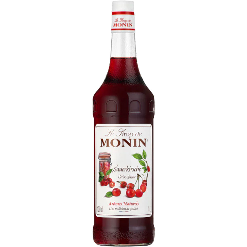 Monin Sauerkirsche Sirup 1 Liter von Monin kommt in einer Flasche mit rotem Etikett und Kirschenmotiven. Dieser vegane Sirup verleiht Getränken und Desserts einen spritzigen Kirschgeschmack.