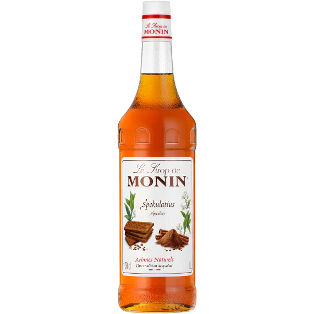 Monin Spekulatius Sirup 1 Liter-weißes Etikett mit Keksen und Gewürzen-perfekt als Sirup für Kaffee oder um Ihren Lieblingsgetränken einen gemütlichen, würzigen Geschmack zu verleihen.