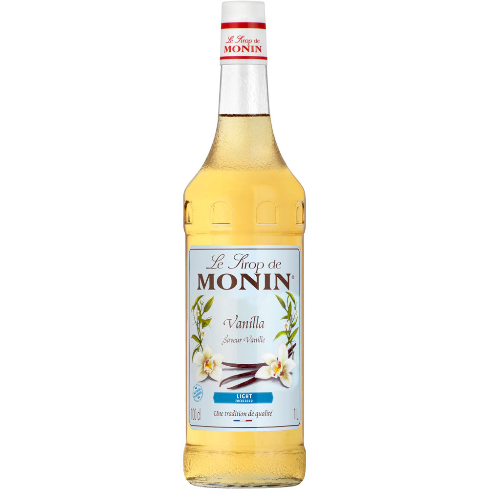 Monin Vanille Sirup zuckerreduziert 1 Liter: Kalorienarmer Sirup mit hellgelber Farbe, verziertem Etikett mit Vanilleblüten und -schoten, von der Marke Monin.