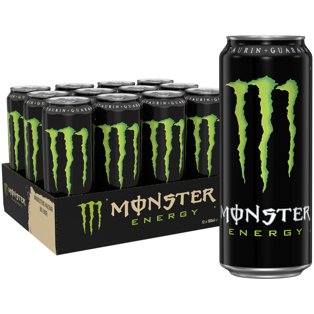 Eine 12er-Packung Monster Energy Original 0,5L Dosen (EINWEG) von Monster Energy, vollgepackt mit Koffein, dargestellt mit einer Nahaufnahme einer Dose im Vordergrund.