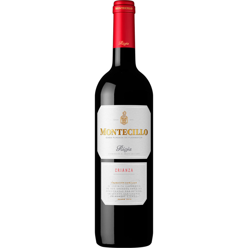 Eine Flasche des Montecillo Tempranillo Crianza Rioja DOCa 2021 von Bodegas Montecillo mit weißem und rotem Etikett auf weißem Grund.