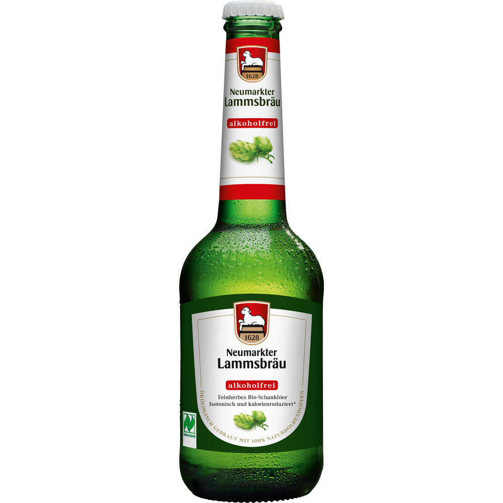 Grüne Flasche Neumarkter Lammsbräu Alkoholfrei BIO 10x 0,33 Liter (MEHRWEG) mit weißem und rotem Etikett, abgebildet auf weißem Hintergrund.