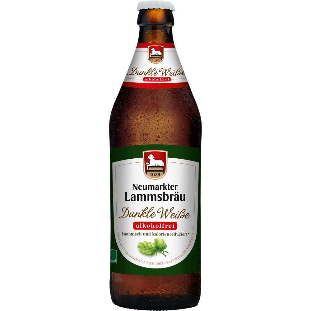 Eine 0,5L Flasche Neumarkter Lammsbräu Dunkle Weiße Alkoholfrei BIO (10er Pack, MEHRWEG) demonstriert die Qualität dieses biologischen alkoholfreien Weißbiers.