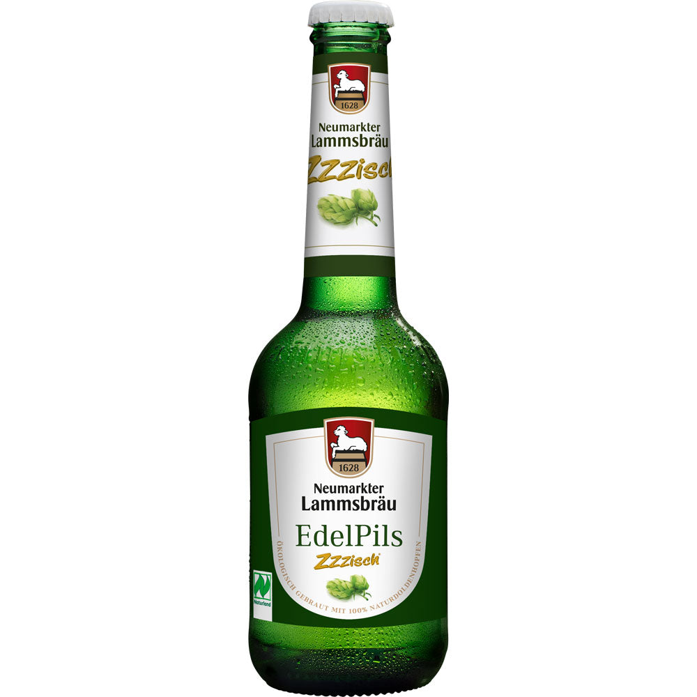 Grünglasflasche von Neumarkter Lammsbräu Zzzisch EdelPils BIO (10x 0,33L Mehrweg) mit weißem und grünem Etikett.