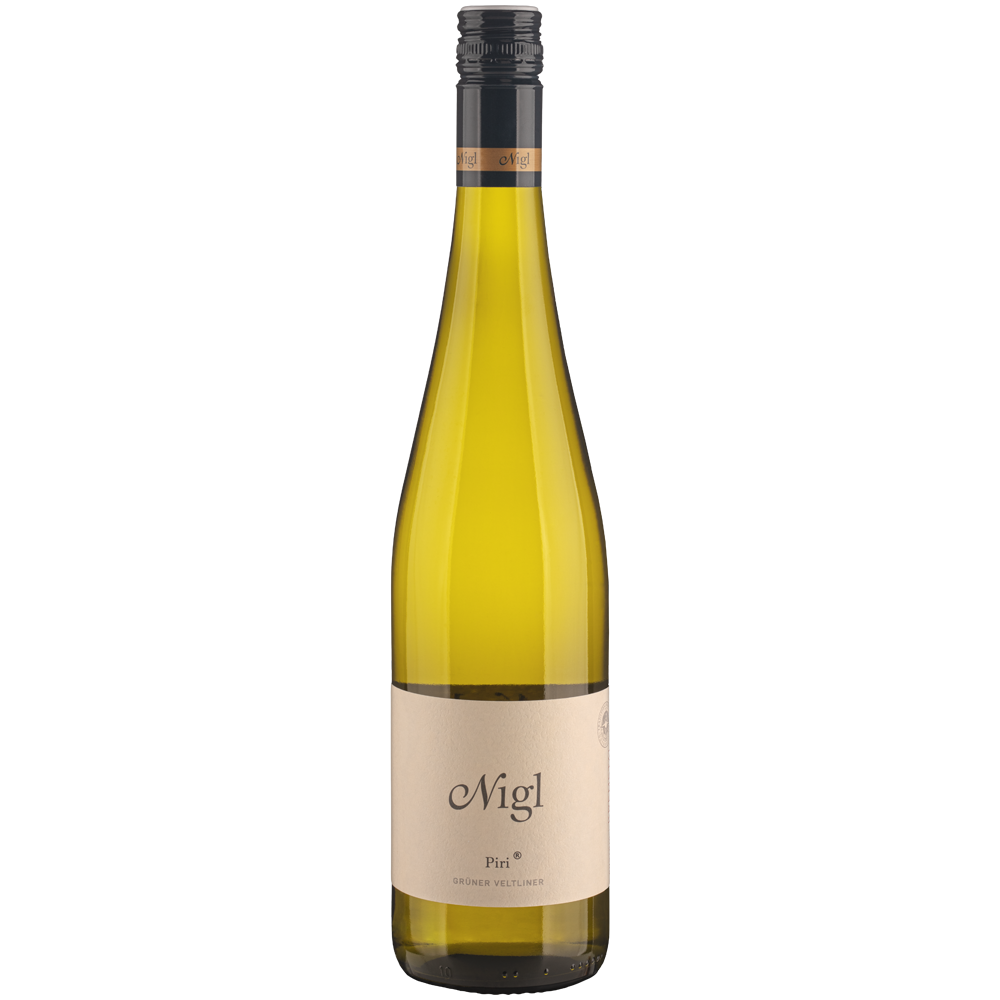 Eine Flasche „Weingut Nigl Grüner Veltliner Piri Kremstal DAC 2025“ mit cremefarbenem Etikett und schwarzem Schraubverschluss vor weißem Hintergrund.