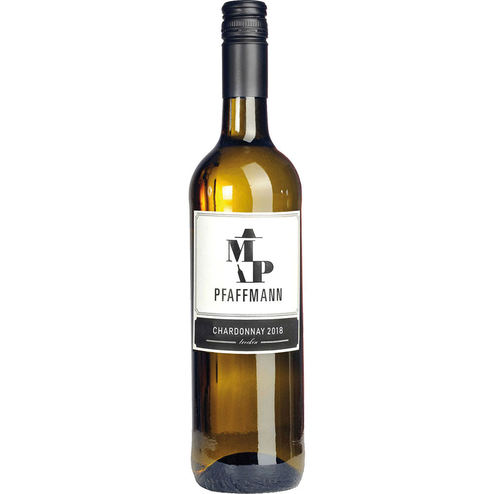 Eine Flasche Markus Pfaffmann Nußdorf Bischofskreuz Chardonnay trocken 2025 mit einem schwarzen Schraubverschluss und einem weißen Etikett.