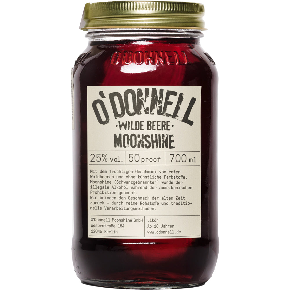 O'Donnell Moonshine Wilde Beere 25% 0,7 Liter ist eine dunkelrote Flüssigkeit in einem rustikalen Einmachglas und bietet den reichen Geschmack von Waldbeeren Likör von O'Donnell Moonshine.