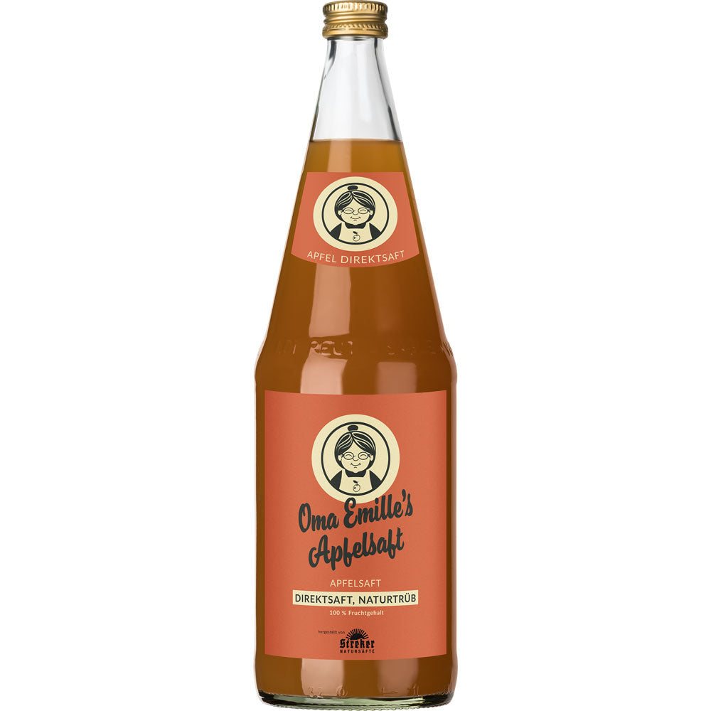 Eine Glasflasche Klauss & Klauss Oma Emille's Apfelsaft Direktsaft naturtrüb 1L (Mehrweg), mit braunem Etikett und Goldkappe, aus Baden-Württemberg.