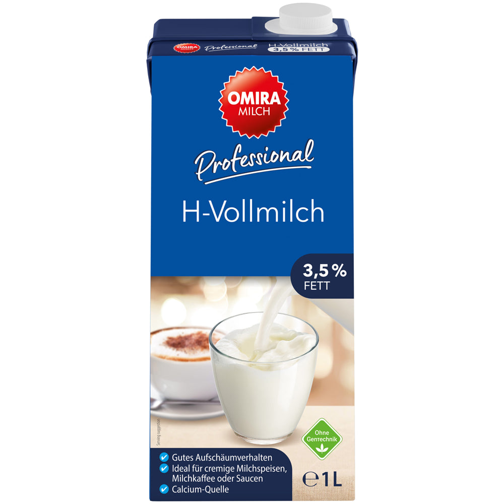 Ein blauer Karton mit „Omira H-Vollmilch 3,5 % Fett“ (Marke Omira), auf dem ein Glas Milch eingeschenkt wird.