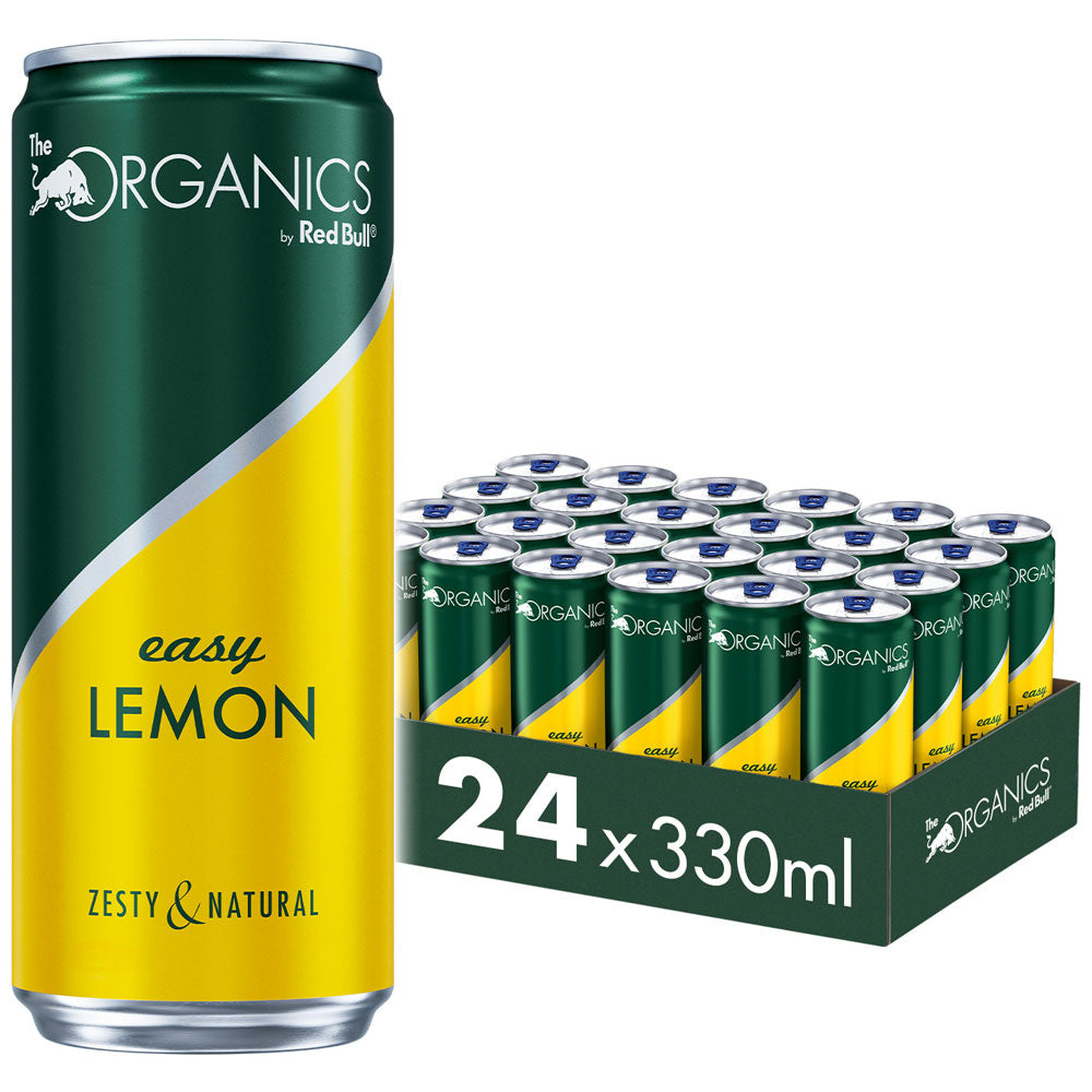 Eine Dose Red Bull Organics Easy Lemon (0,33 l) mit einer 24er-Packung (Organics by Red Bull Easy Lemon 24x 0,33 l) im Hintergrund.