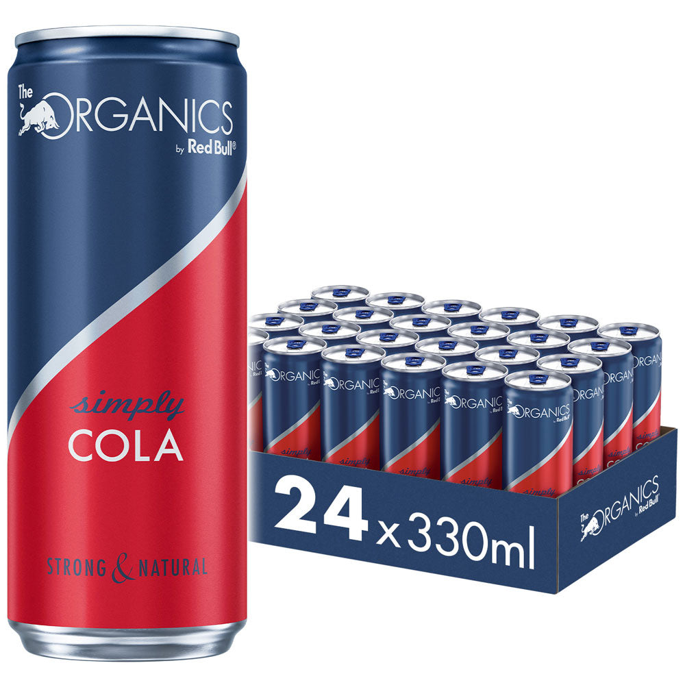 Eine Dose Red Bull Organics Simply Cola steht neben einer 24er-Kiste mit 0,33-Liter-Dosen (EINWEG) von Red Bull.