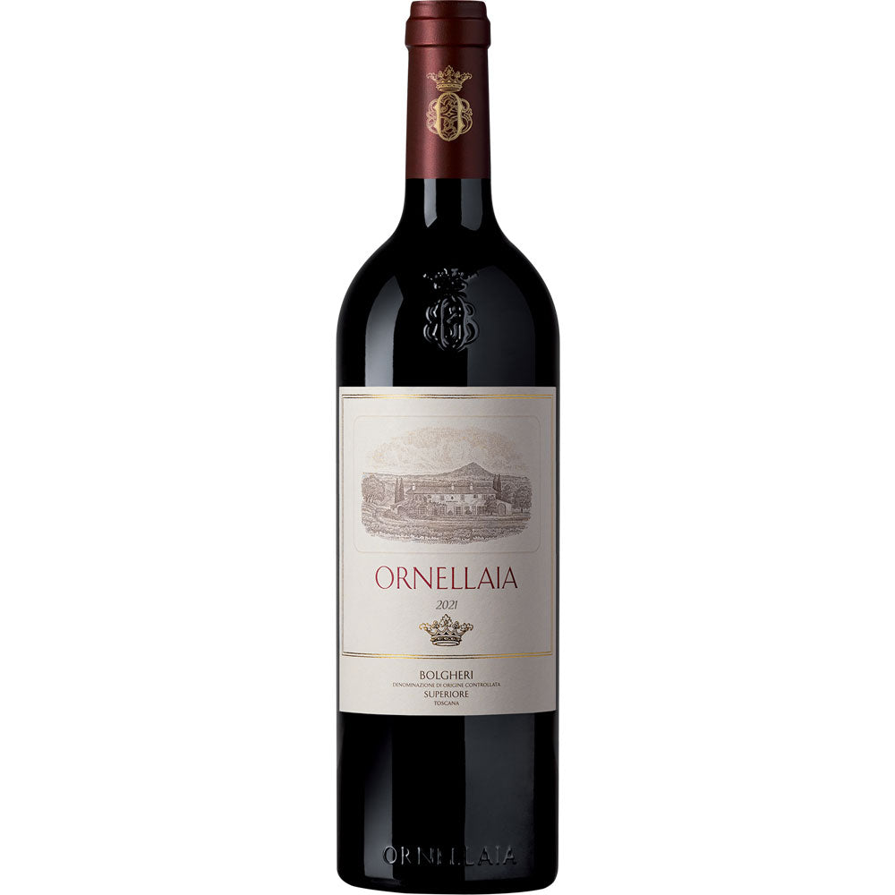 Eine Flasche Ornellaia Bolgheri Rosso Superiore DOC 2021 von Ornellaia, ein bekannter toskanischer Rotwein mit einem auffälligen rot-goldenen Etikett.
