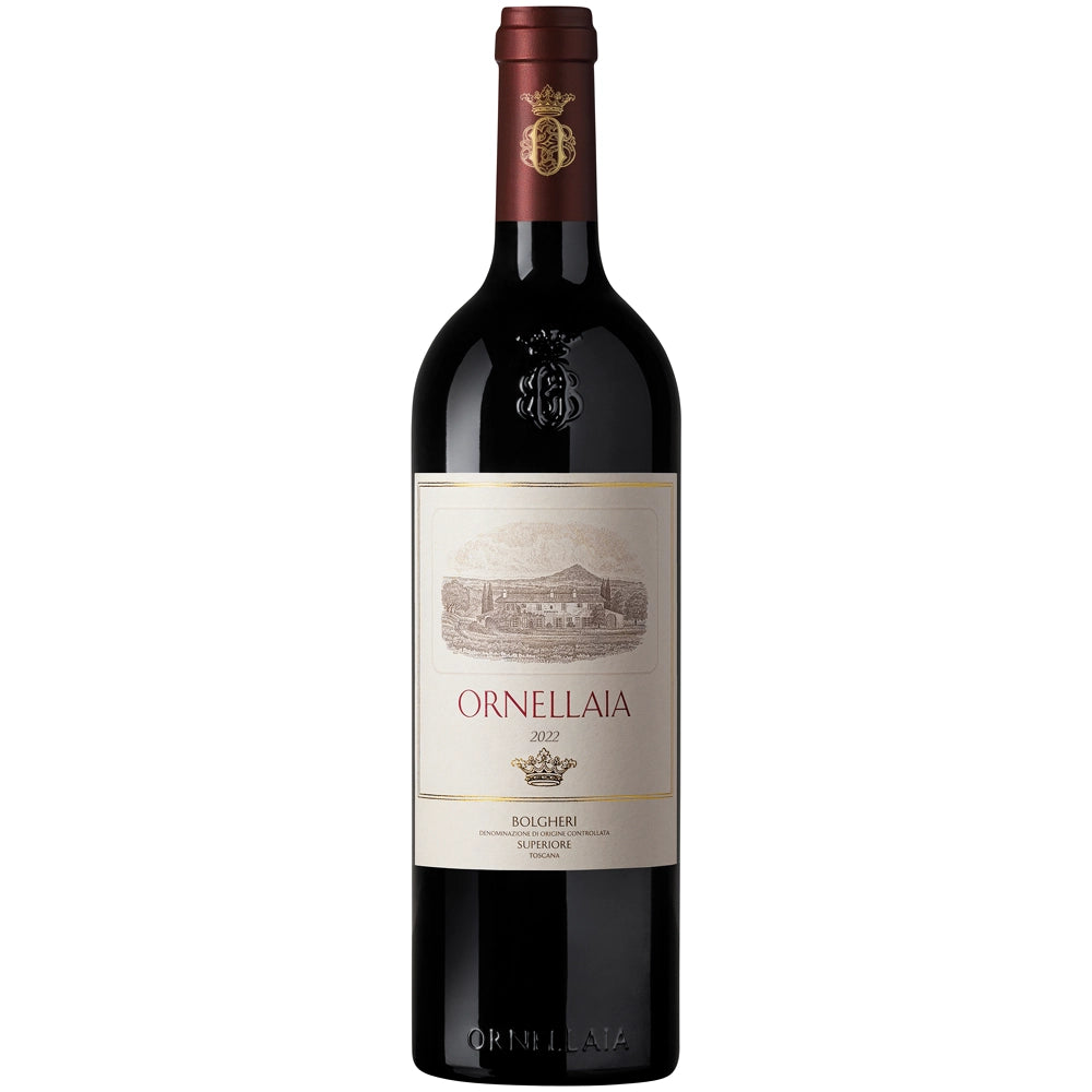 Eine Flasche „Tenuta dell’Ornellaia Ornellaia Bolgheri Rosso Superiore DOC 2022“, ein erlesener toskanischer Rotwein mit cremefarbenem Etikett und burgunderroter Folienversiegelung.