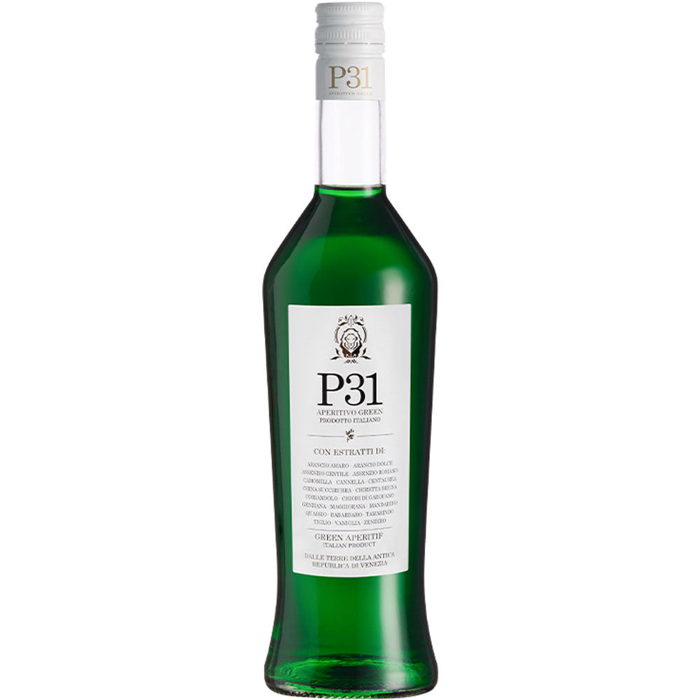Eine 0,7-Liter-Flasche P31 Aperitivo Green (11%) von P31 mit weißem Etikett und silbernem Verschluss - ideal zum Mixen eines lebendigen Green Spritz.