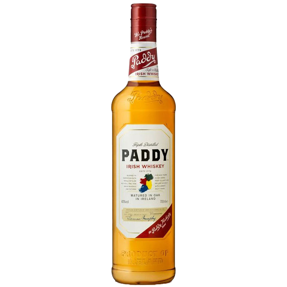 Eine 0,7-Liter-Flasche Paddy Irish Whiskey 40% der Marke Paddy mit weißem Etikett und rotem Verschluss ist vor einem weißen Hintergrund abgebildet.