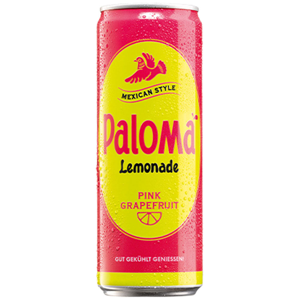 Eine erfrischende rosafarbene Dose Paloma® Pink Grapefruit Lemonade 0,33 l, hergestellt nach mexikanischer Art mit spritziger Grapefruit und einem Hauch von Agave für die perfekte Paloma Margarita-Stimmung - erhältlich im 12er-Pack (EINWEG).