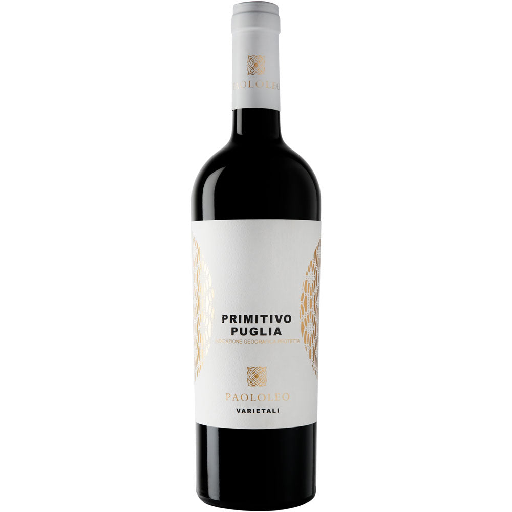Eine Flasche Paolo Leo Varietali Primitivo Salento IGT 2024 mit einem eleganten weiß-goldenen Etikett.