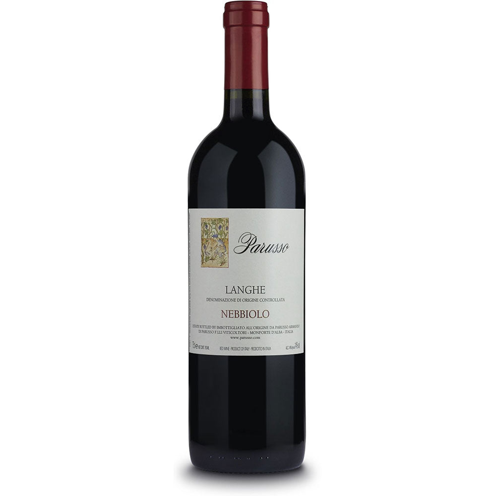 Eine Flasche Armando Parusso Nebbiolo Langhe DOC 2023 mit weißem Etikett und auffälliger roter Folie am Hals.