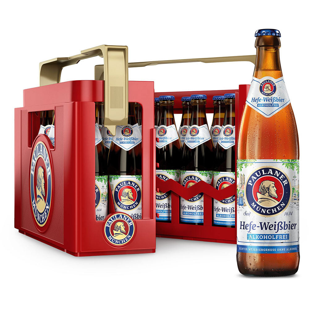 Ein 20er-Pack Paulaner Hefe-Weißbier Alkoholfrei 0,5L Flaschen (MEHRWEG) von Paulaner, mit einem erfrischenden, kalorienarmen Bier auf der Vorderseite.