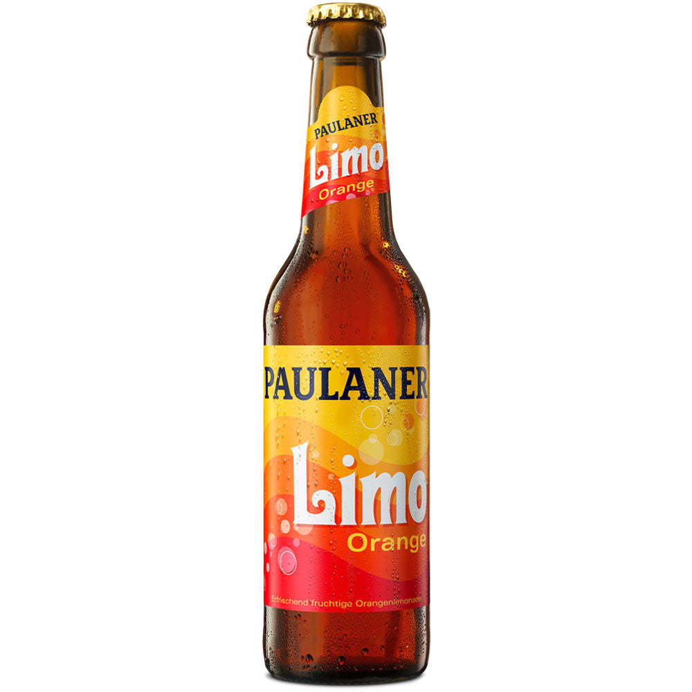 Eine gekühlte Paulaner Limo Orange 0,33l Flasche von Paulaner bietet ein erfrischendes Orangenlimonaden-Erlebnis. Erhältlich im 24er-Pack (Mehrweg).