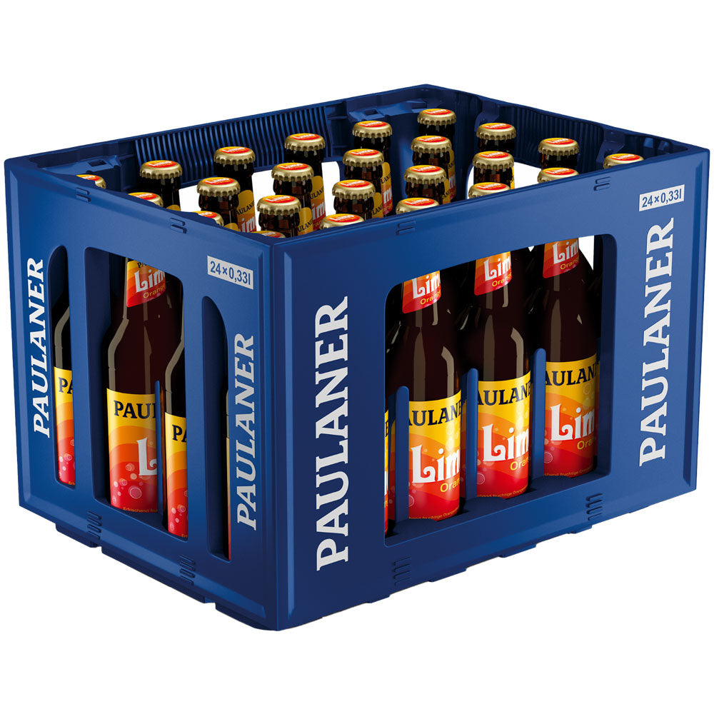 Blaue Paulaner-Kiste mit 24 Braunglasflaschen Paulaner Limo Orange 0,33l (Mehrweg), jede mit leuchtend orange-gelben Etiketten versehen.
