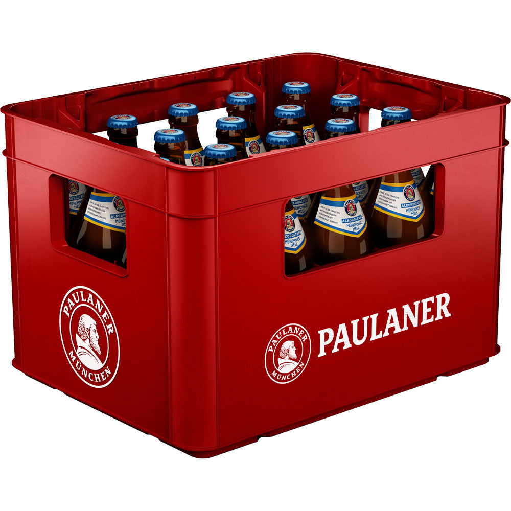 Roter Kunststoffkasten mit 20 Flaschen Paulaner Münchner Hell Alkoholfrei (je 0,5 l, MEHRWEG), mit weißem Paulaner Branding an den Seiten.