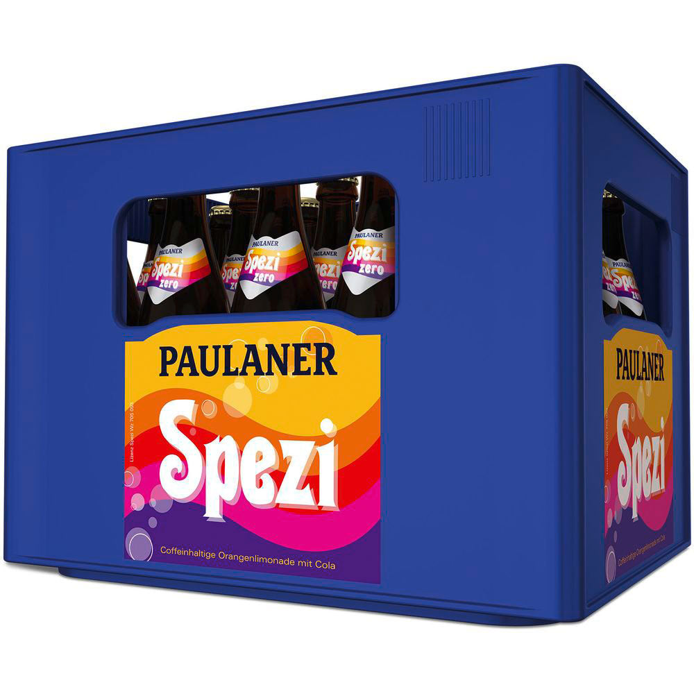 Blaue Kiste mit Flaschen von Paulaner Spezi ZERO 20x0,5L (MEHRWEG), einer zuckerfreien Cola-Orange Limonade von Paulaner, sichtbar durch die seitlichen Öffnungen.