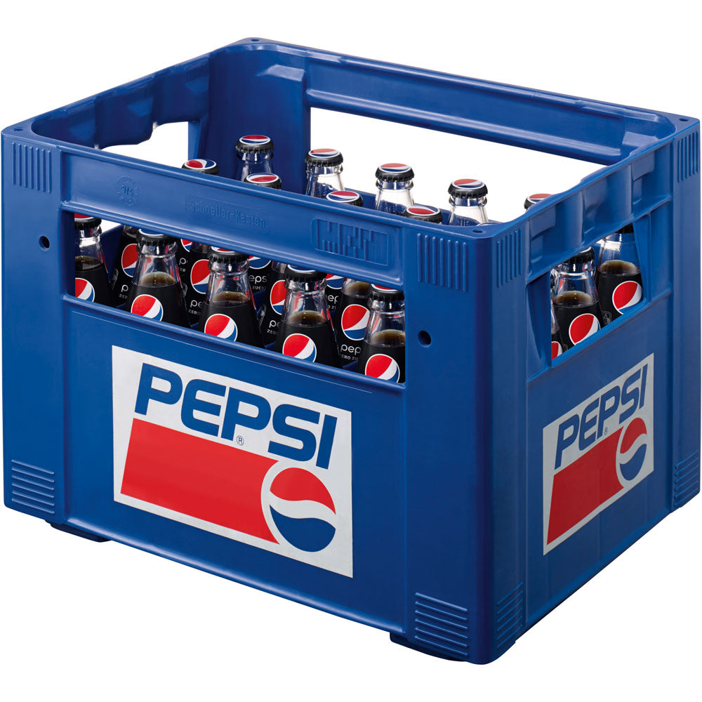 Blaue Kiste mit 24 wiederverwendbaren 0,2-Liter-Pepsi-Cola-MAX-Flaschen, jede Flasche mit dem ikonischen Pepsi-Logo und mit zuckerfreiem Cola-Geschmack.