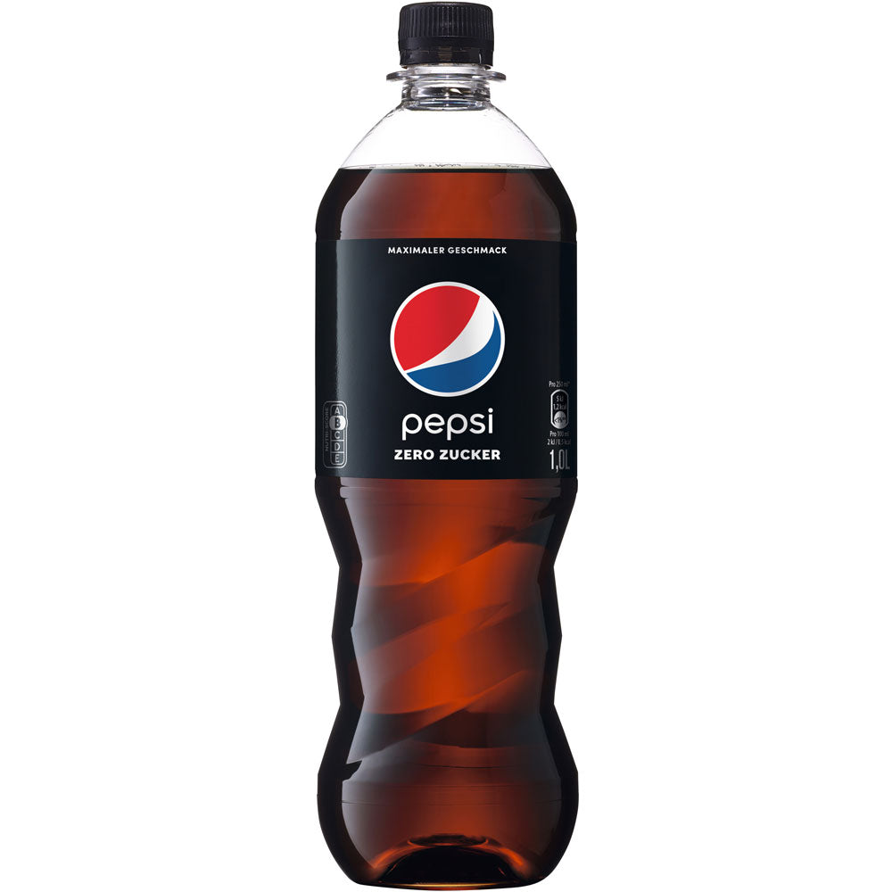 Eine 1-Liter-Flasche Pepsi Cola Zero Zucker PET (Mehrweg) von Pepsi, zuckerfrei und kalorienfrei, mit schwarzem Etikett und Verschluss auf weißem Hintergrund.