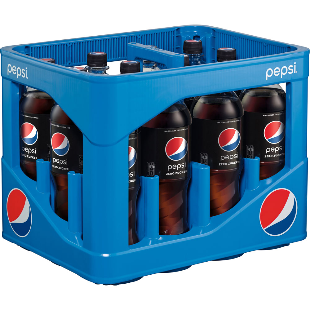 Blauer Kasten mit zwölf 1-Liter-Pepsi Cola Zero Zucker PET-Flaschen (Mehrweg), jeweils mit schwarzem Etikett und dem Pepsi-Logo, für kalorienfreien Genuss.