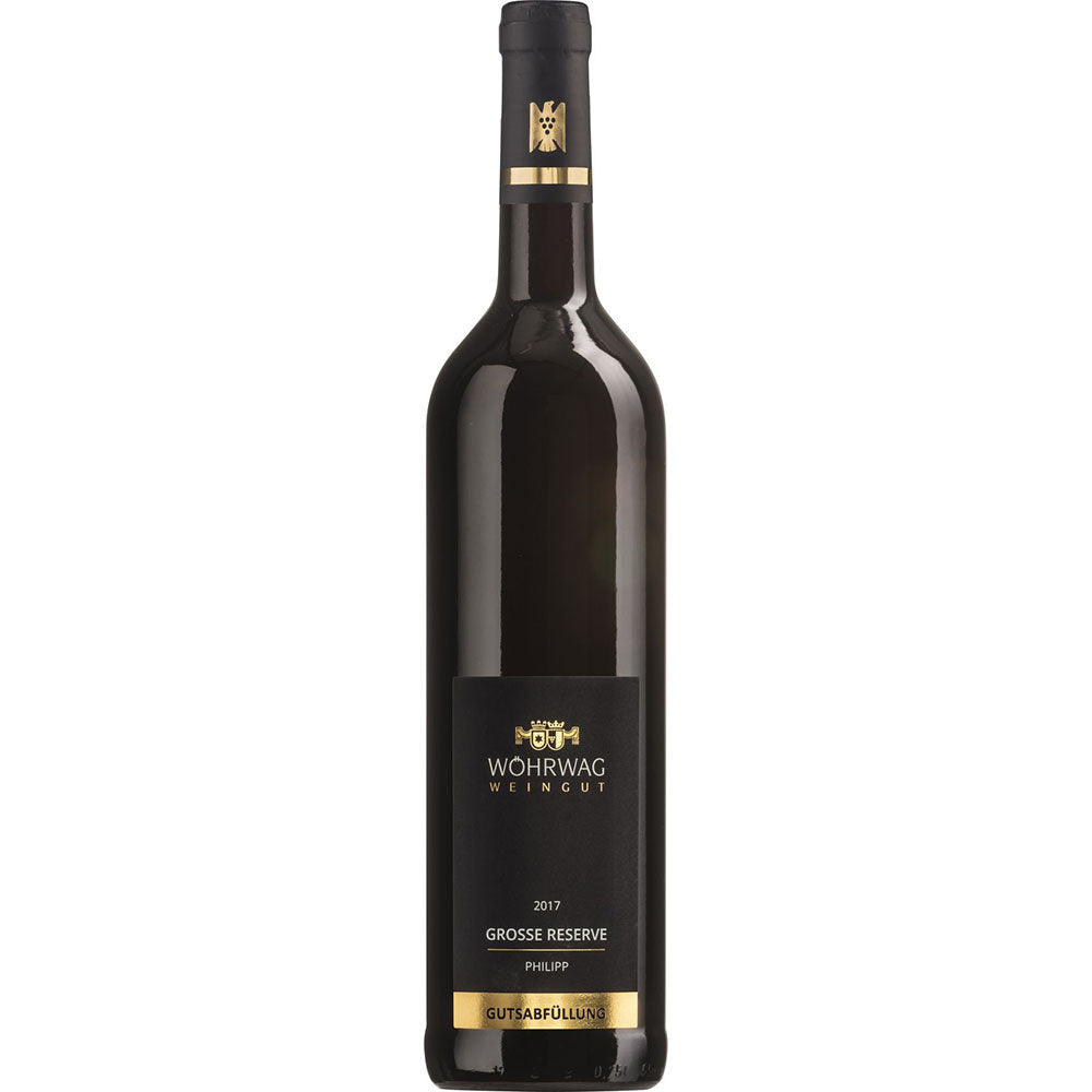 Eine Flasche Wöhrwag Philipp Rotwein-Cuvée Große Reserve trocken 2022, ein Rotwein von Wöhrwag, mit schwarz-goldenem Etikett.