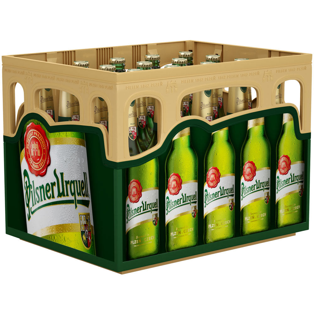 Eine Kiste Pilsner Urquell 20x 0,5 Liter (MEHRWEG), das klassische tschechische Lagerbier von Pilsner Urquell, mit Bierflaschen in der charakteristischen grünen und gelben Verpackung.