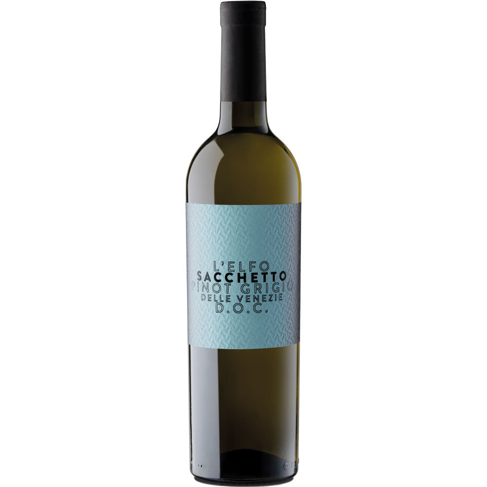 Eine Flasche Sacchetto Pinot Grigio L'Elfo del Veneto DOC 2024, ein erfrischender italienischer Weißwein, mit einem hellblauen Etikett.