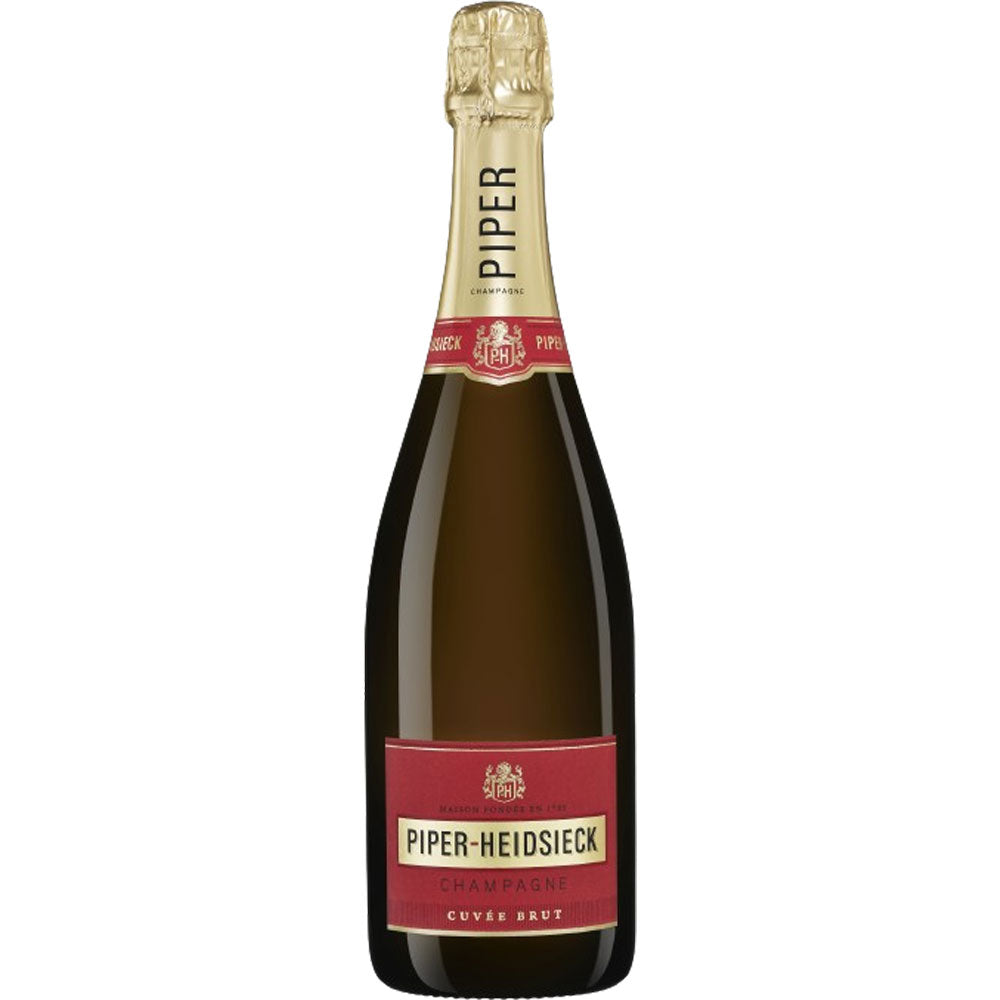 Eine 0,75-Liter-Flasche Piper Heidsieck Cuvée Brut Champagner mit Goldfolienverschluss und rotem Etikett, hergestellt nach der traditionellen Méthode Champenoise.