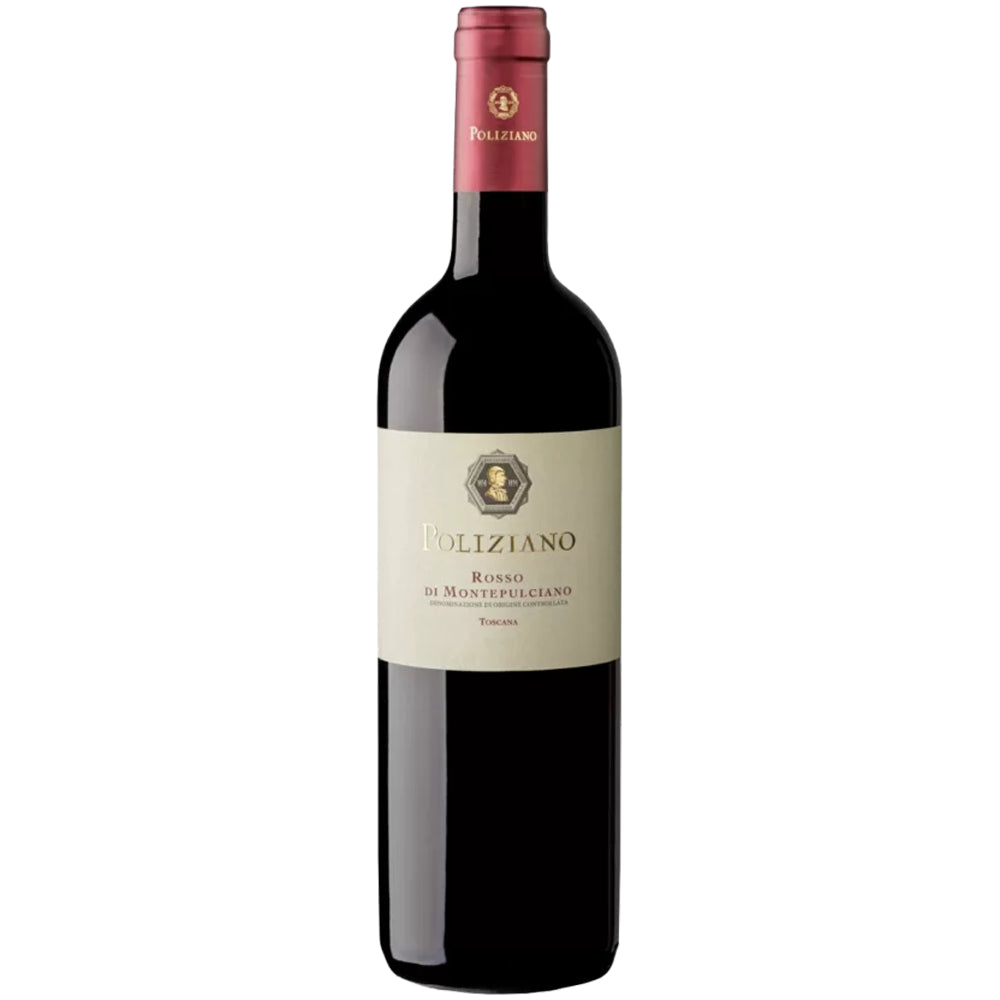 Eine Flasche „Poliziano Rosso di Montepulciano DOC 2024“ von Poliziano, ein italienischer Rotwein mit cremefarbenem Etikett und rotem Folienverschluss, der hauptsächlich aus der Sangiovese-Traube gekeltert wird.