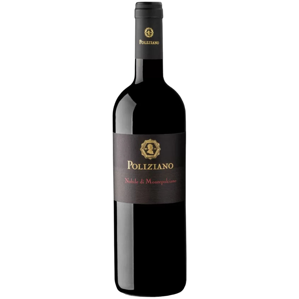 Eine Flasche Poliziano Vino Nobile di Montepulciano DOCG 2022, ein erlesener italienischer Rotwein der renommierten Marke Poliziano, der für seinen eleganten Charakter und seine lange Tradition bekannt ist.