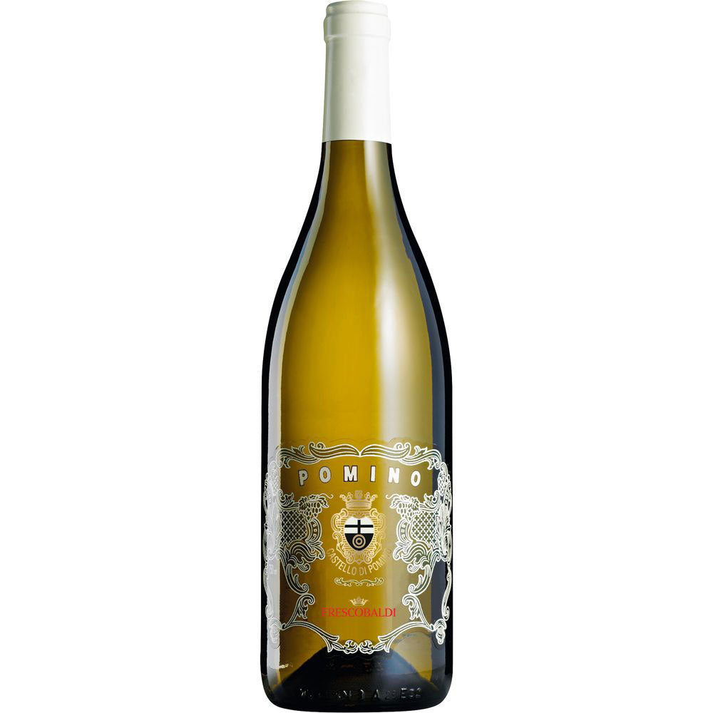 Eine Flasche Frescobaldi Pomino Bianco DOC 2024, der elegante italienische Weißwein von Frescobaldi, mit Schmucketikett und weißer Kapsel.