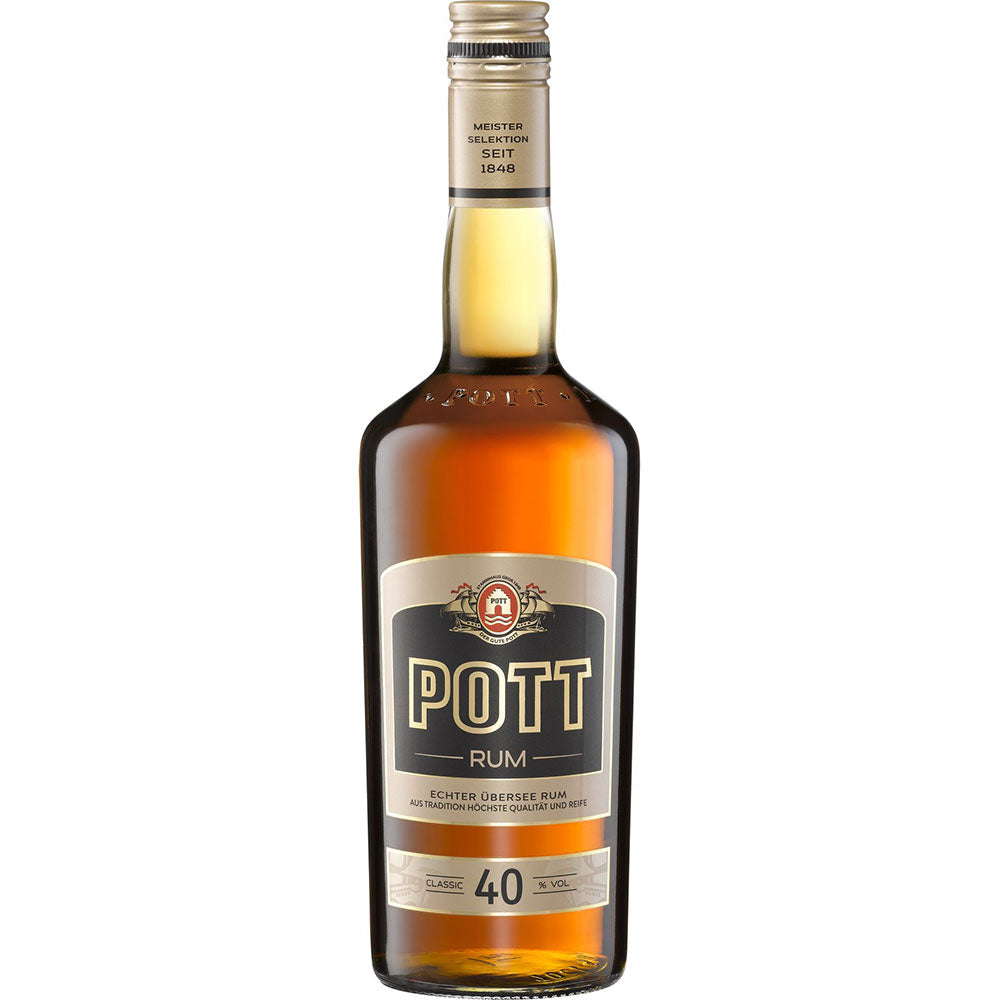 Eine 0,7-Liter-Flasche Pott Der Gute Übersee Rum (40% vol) der Marke Pott mit schwarz-goldenem Etikett - eine kultige Spezialität von Rum Deutschland.