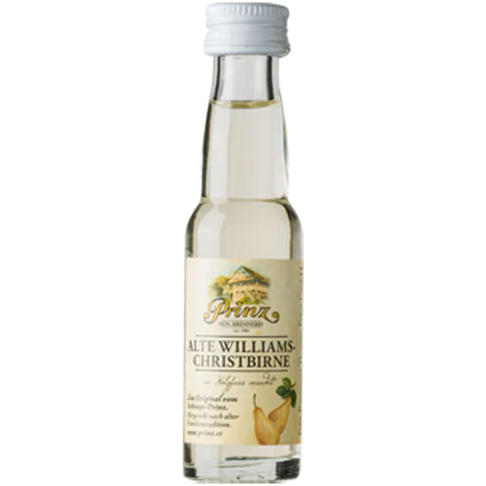Eine kleine durchsichtige Flasche Feinbrennerei Thomas Prinz Alte Williams-Christ-Birne 41% (0,02L), mit weißem Verschluss und einer Birnenillustration.