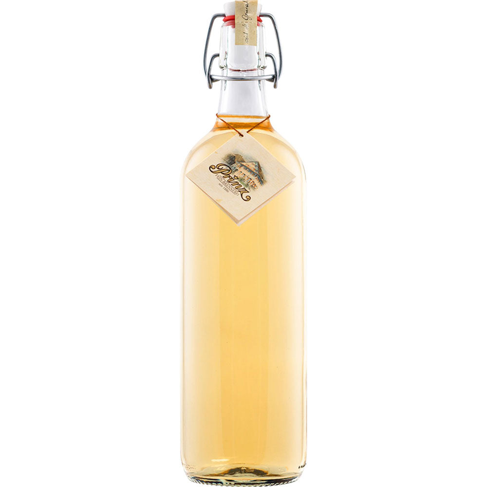 Klarglasflasche mit hellgelber Flüssigkeit, Bügelverschluss und Halsetikett - mit der Aufschrift Feinbrennerei Thomas Prinz Alter Bodensee-Apfel 41% 1 Liter.