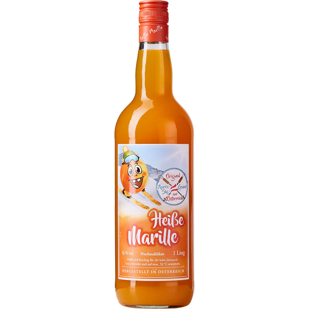 Der Feinbrennerei Thomas Prinz Heiße Marille Likör 16% 1 Liter ist mit seinem Cartoon-Aprikosen- und Orangen-Etikett der perfekte kuschelige Winter-Aprikosen-Likör.