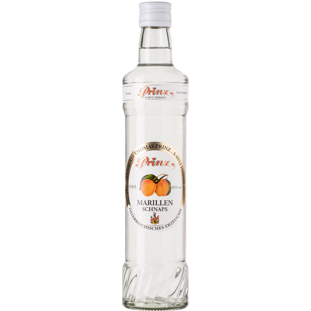 Klarglasflasche der Feinbrennerei Thomas Prinz Marillen Schnaps 40% 0,5 Liter, ein österreichischer Marillenschnaps, mit einer Pfirsich-Illustration und knackigem weißen Etikett.